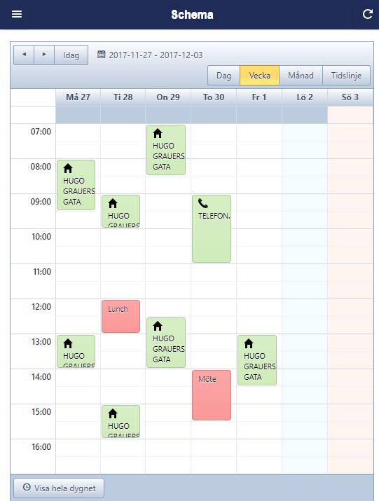 Mitt schema I schemat kan du se sina uppdrag. Uppdragen visas färgkodade enligt samma färgschema som i TSR-Online. Välj att få schemat presenterat per dag, per vecka, per månad eller som en tidslinje.