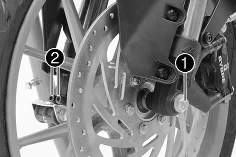 14 HJUL, DÄCK 113 14.1 Demontera framhjulet L02193-10 Förarbete Lyft upp motorcykeln med lyftanordningen baktill. ( s 78) Lyft upp motorcykeln med lyftanordningen framtill.