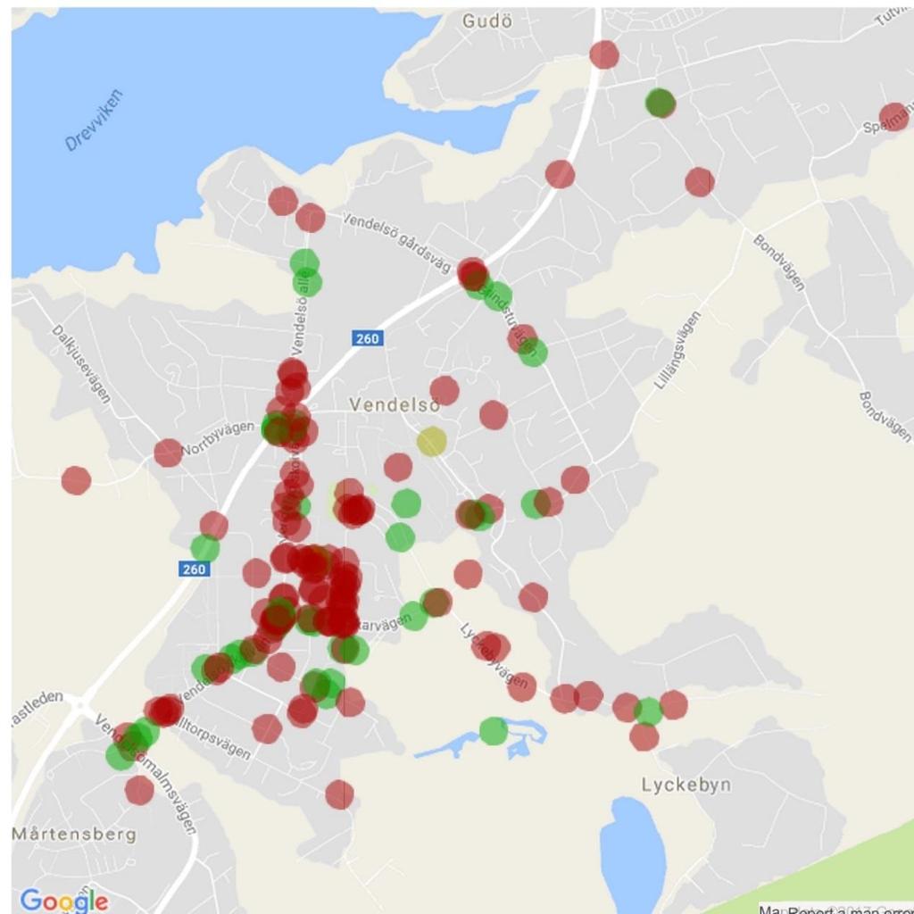 Kartan nedan visar vårdnadshavarnas positiva (gröna) och negativa (röda) markeringar 29,7% (62/209) Den översiktliga kartan över markeringarna visar att vårdnadshavare i högre utsträckning angav