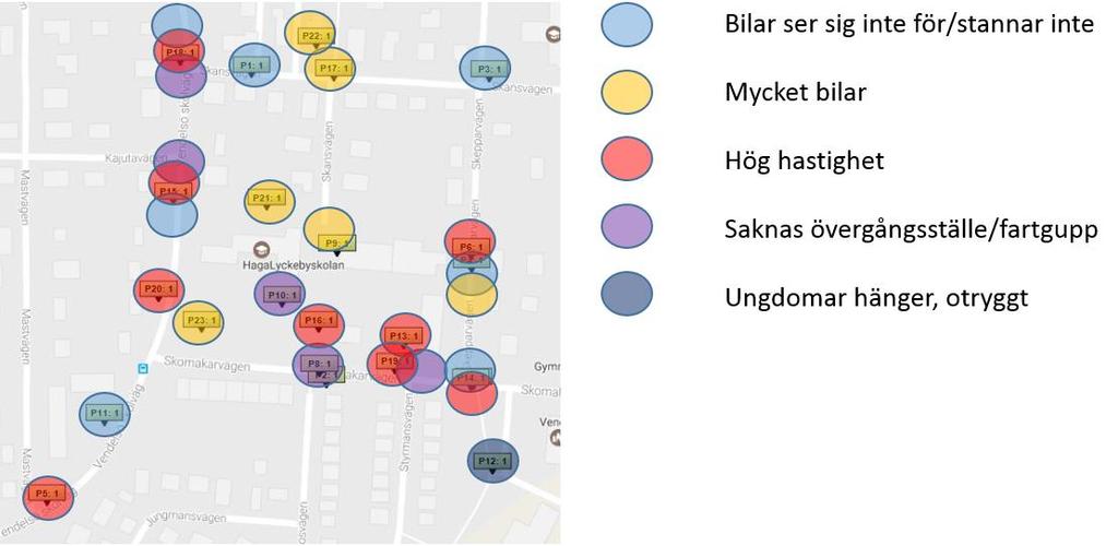 I kartläggningen framkom många synpunkter om höga hastigheter. Markeringarna är både placerade i närheten av skolan och i områdena runt omkring.