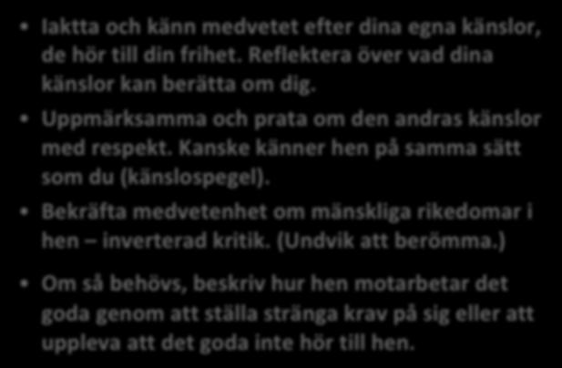 Om du inte accepterar medvetenhet om detta, reagerar du mot medvetenheten, dvs. mot dig själv. Kritisera dig inte. LYSSNA FÖR ATT VÄRDESÄTTA Känn efter och respektera dina egna känslor.