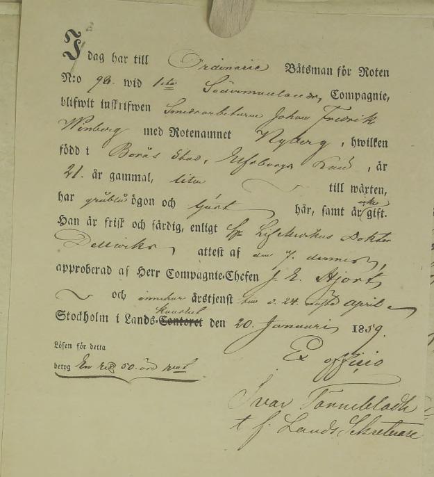 Sida 5 Båtsmanskontrakt från 1859 - för den siste båtsmannen på Hamra båtsmanstorp nr 98, Johan Fredrik