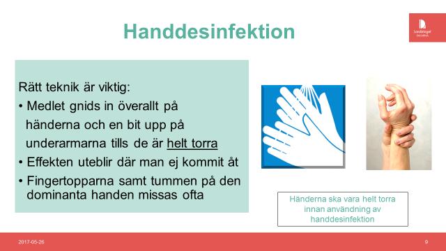 Kupa handen, ta rikligt (2 4 ml) med handdesinfektionsmedel och gnid in medlet överallt på händerna. Börja med handflatorna, handryggarna, fingertopparna, runt alla fingrar och i tumgreppen.