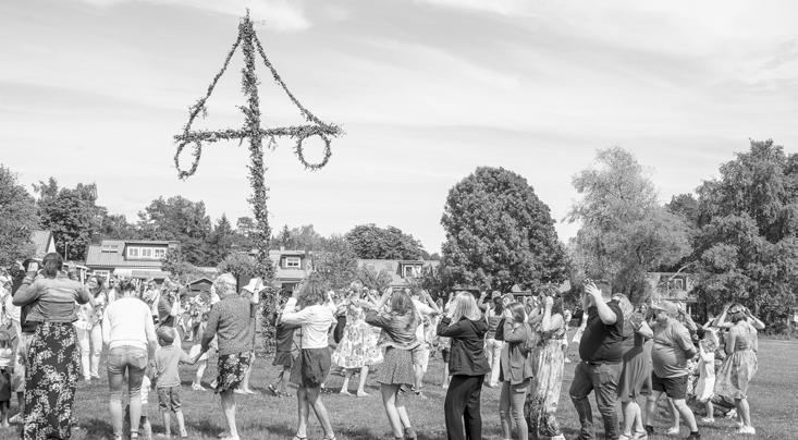 Så här går det till när ellagårdsborna samlas till sång och leker på midsommarängen. Så blir det även i år. (Foto Eva Neveling) Varmt välkomna till Ellagårds midsommarfirande i Spindelparken Kl.