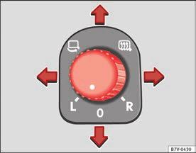 108 Ljus och synlighet Sidospeglar Justera vänster sidospegel. Höger sidospegel justeras samtidigt (synkroniserat). Vid behov kan höger sidospegel behöva korrigeras. Vrid vredet till läget R.