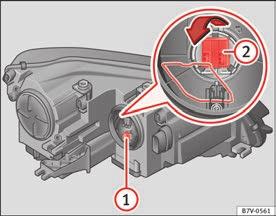 Tryck kabelklämman nedåt och dra ut lampfästet 2 bild 208 tillsammans med glödlampan. Beroende på modell tas glödlampan ut direkt ur lampfästet, eller måste vridas först och sedan tas ut. 6.