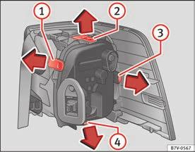 Ta bort bakljusenheten Utför åtgärderna i den ordning som anges nedan: Bild 214 Bakljus på karossen: För att ta bort lamphållaren. 1 till 4 : Låsflik Bakljus, vänster Bakljus, höger 1.