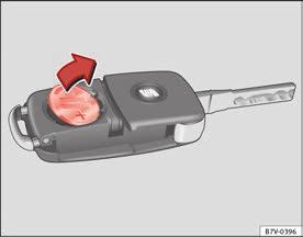 Byta batteri Bild 41 Signallampa på bilnyckeln Bild 43 Bilnyckeln: lucka på batterifack Bild 42 Signallampa på bilnyckeln för bilar med