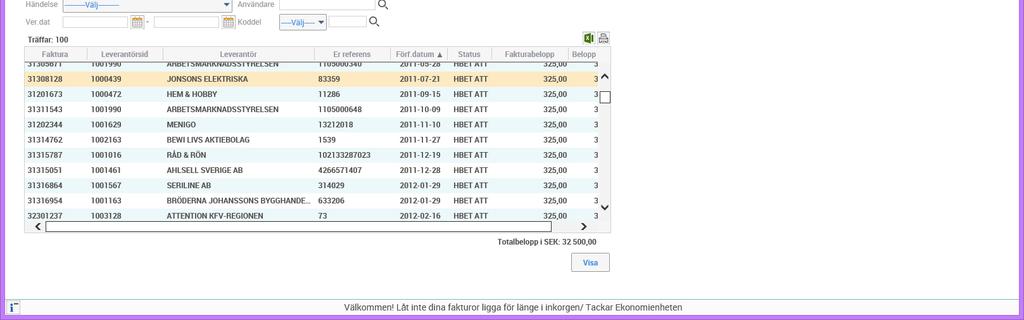 Raindancefakturorna har ett vernummer i ekonomisystemet som börjar på 1030xxxx och fakturor från Intrade börjar på 3xxxxxxx. Leverantör Skriv in delar av eller hela leverantörsnamnet med *. Sök.