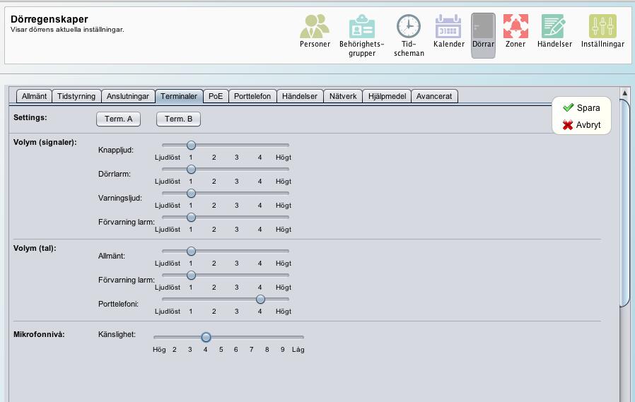 Flik Terminaler (Dörrar) Här kan namn och ljudfunktioner ställas in för anslutna läsare. (Terminal A=In, Terminal B= Ut).