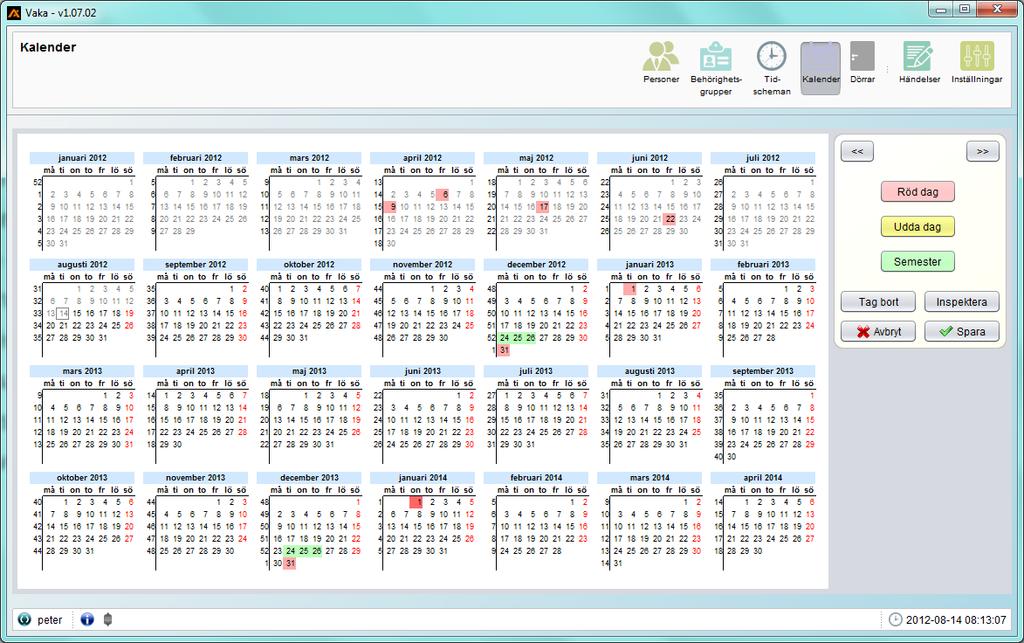 Kalender Kalendern används för att skapa avvikelser från de inställningar som gäller en normalvecka. Här kan man lägga in upp till 16 röda dagar, 10 udda dagar och 2 semesterperioder.