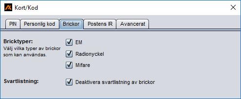 Flik Brickor Välj vilka typer av (brickor) som skall användas. EM, Radionyckel eller Mifare. (Mifare kräver terminal A66.