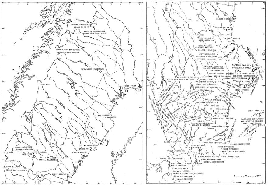 Figur 1. Amatörbotanikens geografi, enligt Lars-Åke Gustafsson i Fauna och flora 1976. Kartan visar medarbetarna i Projekt Linné.