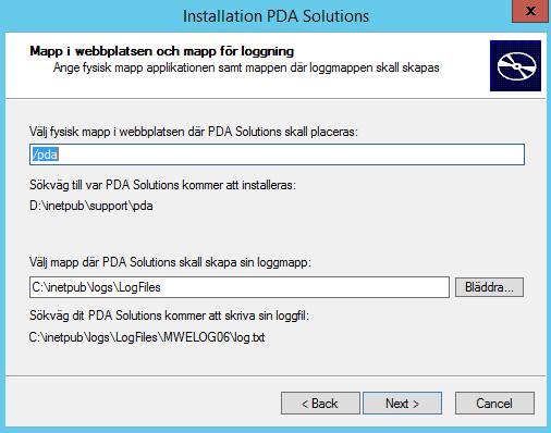 Obs! Kontot IIS_IUSR (datornamn\iis_iusr) ska ha Ändra-rättigheter i log-biblioteket. Ange namnet på den virtuella katalog där PDA Solutions-filerna ska ligga.