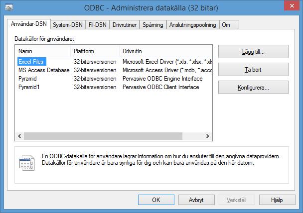KLART ODBC klienten är nu upplagd. Klicka OK. Exempel med Microsofts Access Ett exempel med Microsofts Access.