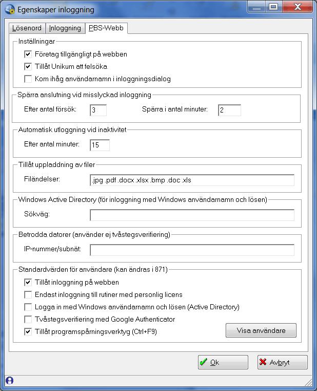 Viktiga inställningar görs via fliken PBS Webb Förutom att aktivera företaget, finns ett antal inställningar som berör säkerheten på fliken PBS Webb.