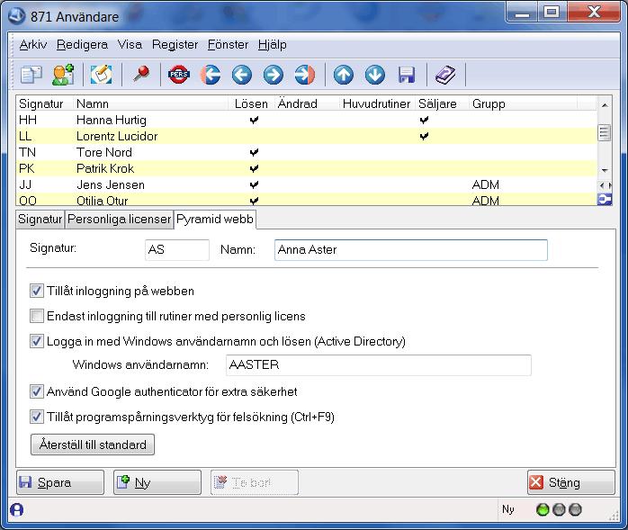 Inställningar per användare i rutin 871 Användare Fliken PBS Webb i rutin 871 Användare blir tillgänglig när företaget har