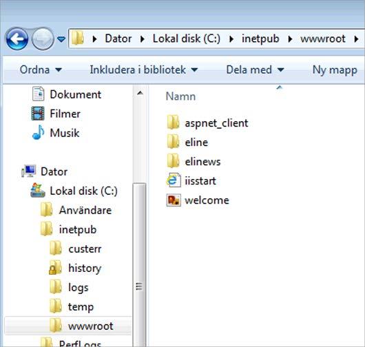 Efter uppskick kommer katalogstrukturen att se ut på följande sätt: KONFIGURATION IIS Katalogen aspnet_client samt filerna iisstart.htm och welcome.