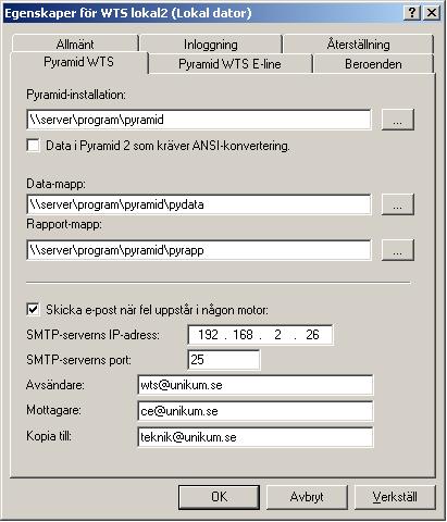 All kommunikation mellan WTS-tjänsten och webbservern, IIS-tillägg, sker med hjälp av tcp/ip. För att ändra portar i efterhand gå in under hantera och tjänster och öppna egenskaper för WTStjänsten.