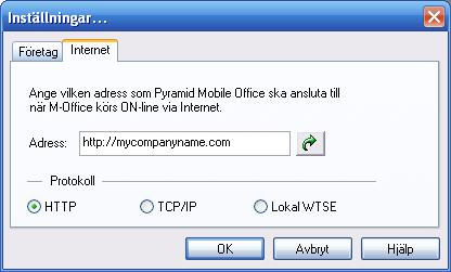 Ställ in http-adressen till Mobile Officesidan. I protokoll ska HTTP vara valt. Katalogstruktur PBS Pyramid\pydata\m-office Här läggs filer som ska laddas upp till PBS.