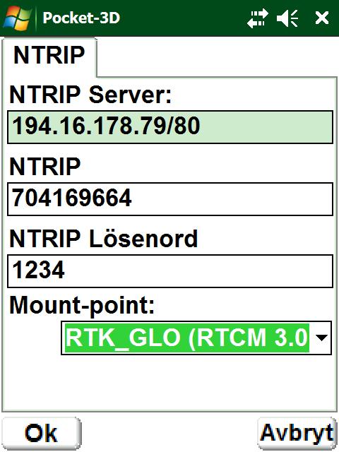 för NTRIP-Server, samt vald Anslutnings-punkt.