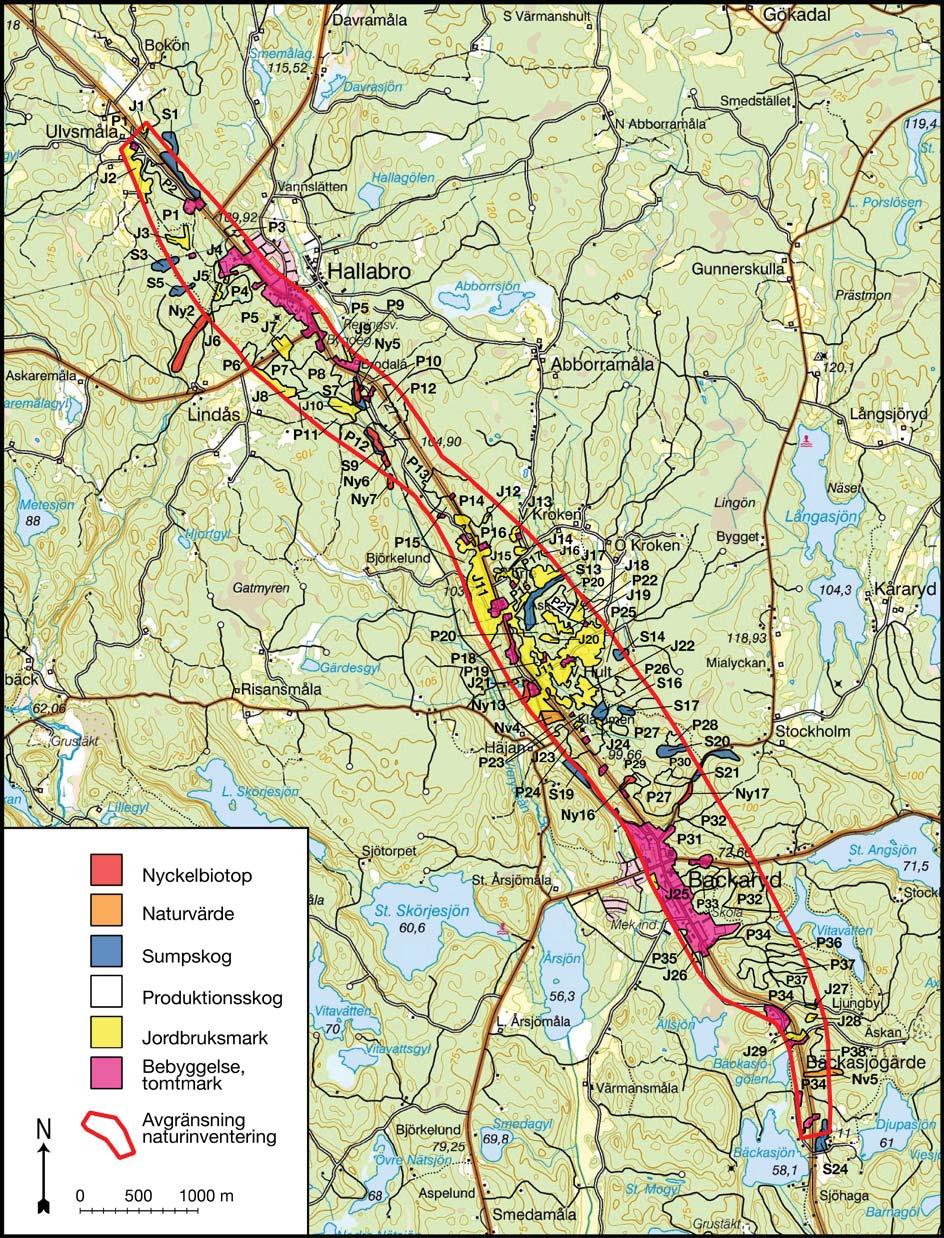 7. MILJÖKONSEKVENSBESKRIVNING - NATURMILJÖ Detaljerad karta som visar utbredningen av olika markslag. Avgränsningen av nyckelbiotoper, naturvärden och sumpskogar följer uppgifter från Skogsstyrelsen.