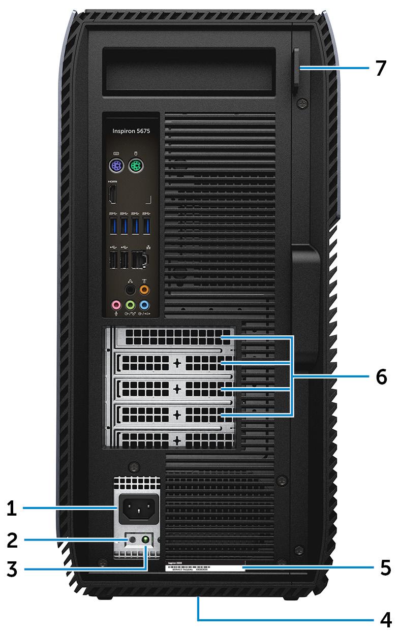 Baksida OBS: Du kan anpassa strömbrytarens funktion i Energialternativ. Mer information finns i Jag och min Dell på www.dell.com/support/ manuals.