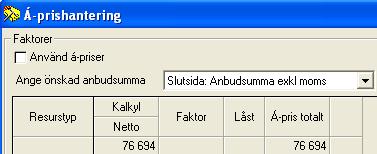 I dialog Ändra/visa cell kan man välja Cellkaraktär för de (två) celler man anser att anbudssummor finns. Alternativen är : Anbudssumma inkl moms och Anbudssumma exkl moms 6.8.