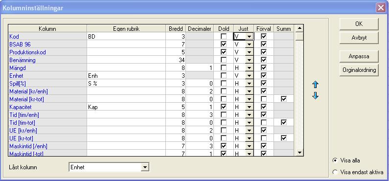 6 Lär dig mer om BidCon BYGG 6.15 Inställningar 6.15.1 Kolumninställningar Varje användare kan själv ändra presentationen av olika tabeller i programmet.