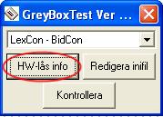 fil ej NetKey.INI. Efter man startat GreyBoxTest väljer man vilket program man vill konfigurera. I detta fall LexCon - BidCon. Klicka på knappen HW-lås info för att ställa in låset.