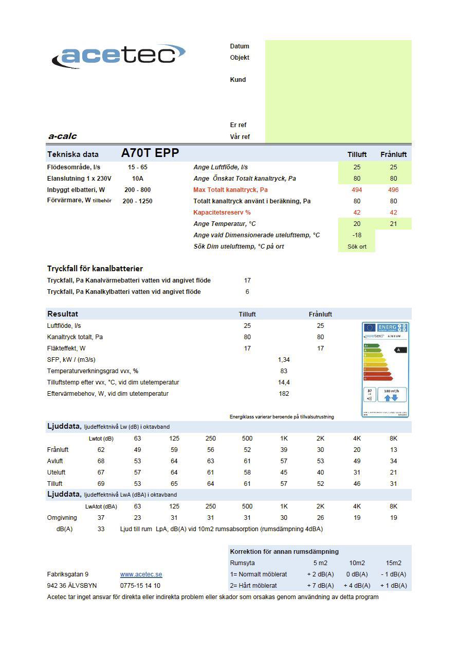 Allmän information Teknisk databeräkning För utförliga tekniska data gå in på www.acetec.