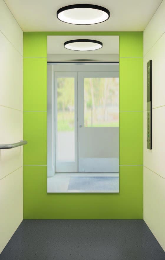 Modern Simplicity Dessa hisskorgar kombinerar laminat med hållbara golvmaterial, modern, välkomnande belysning och användarvänlig signalering för en design som ger din byggnad ett fräscht