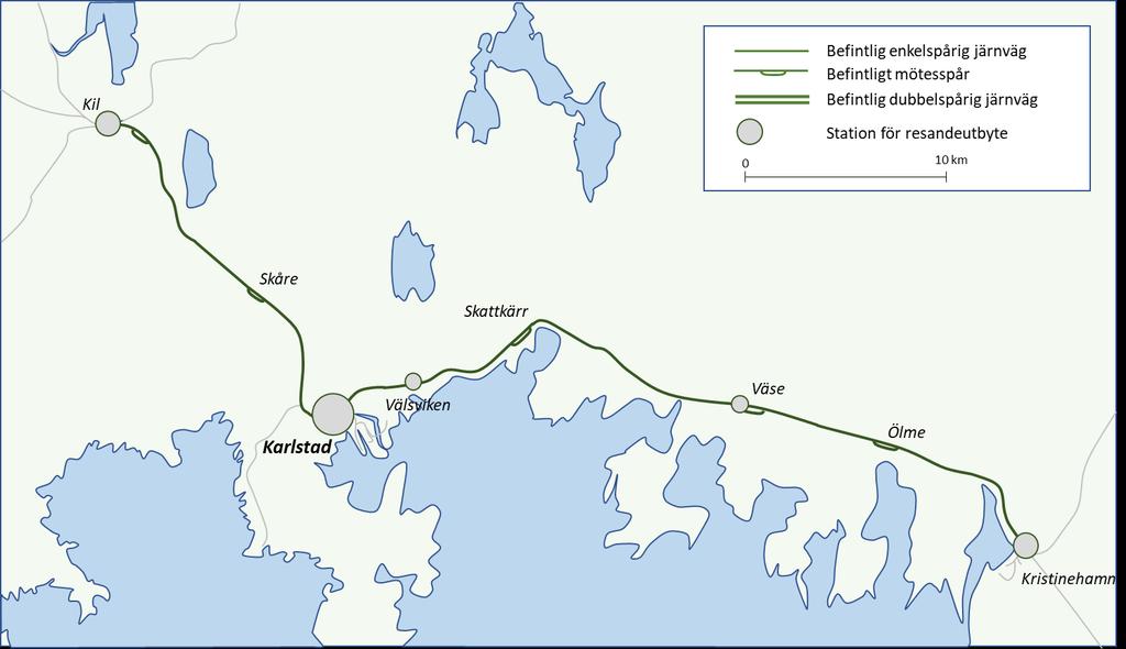 21 (57) Dagens järnväg mellan Kristinehamn och Kil Sträckan är i dag enkelspårig med ett antal mötesspår och stationer för resande.