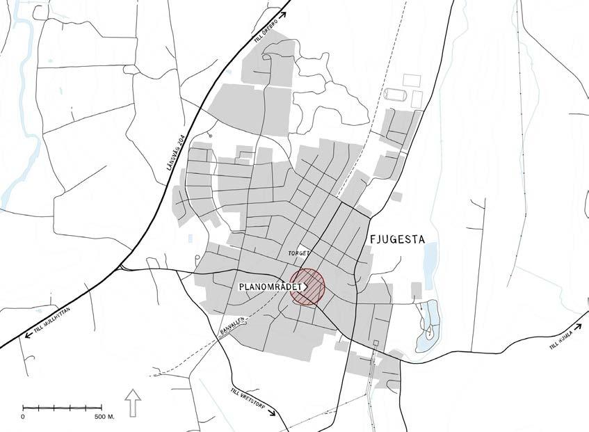PLANDATA Läge och omfattning Området är beläget i de centrala delarna av Fjugesta. Området omfattar ungefär 30 000 kvadratmeter. Markägoförhållanden Förekommande allmän platsmark (gator, park etc.