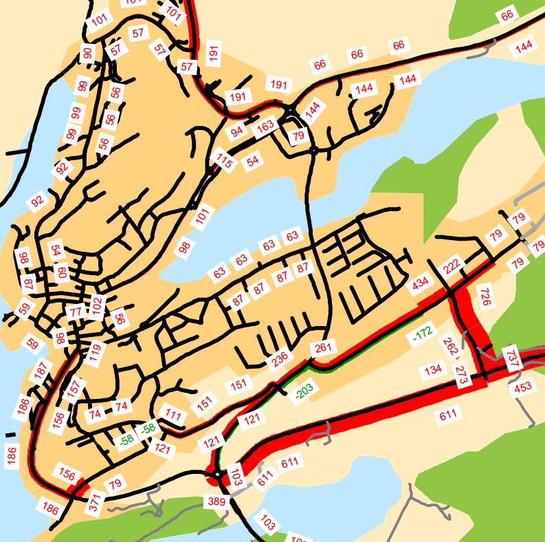 liten trafikökning på Ringvägen vilket innebär att fordon väljer att köra genom centrumområdet för sina resor i norr-sydlig riktning (se Figur 10).
