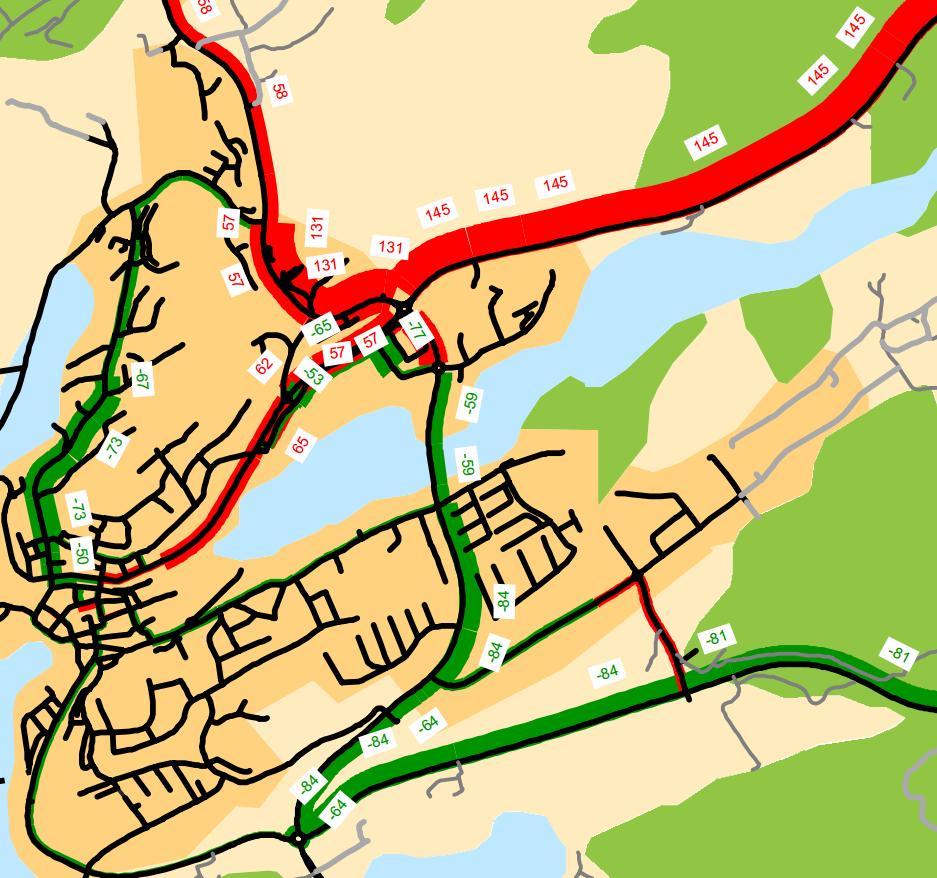 Utifrån skillnadskartan kan läsas att en del trafik kommer flyttas från södra infarten till norra infarten.