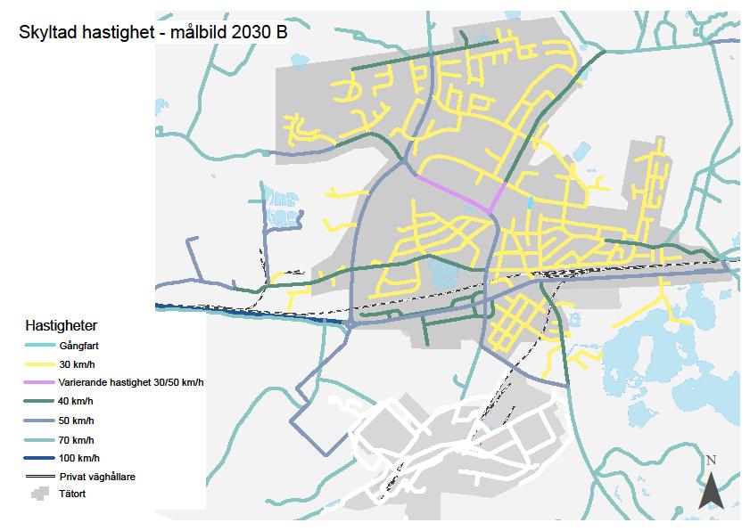 Figur 14 nedan skildrar planförslagets målbild B till år 2030 för den skyltade hastigheten inm tätrten.