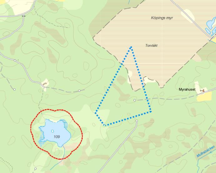 Utredningsmråde för alternativ energiprduktin markerat med blå streckad linje ch strandskydd är markerat med röd linje. Figur 20.