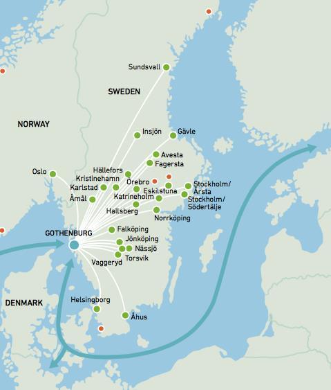 Utöver Oslo Alnabru, Kongsvinger, Kil, Karlstad och Hallsberg finns även viktiga terminaler och/eller godsbangårdar i Katrineholm, Västerås och i Eskilstunaregionen samt i Stockholmsregionen.