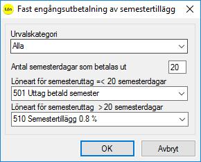 För att kunna använda funktionen Utbetalning av semesterersättning måste du göra inställningar under menyn Arkiv - Inställningar, fliken Semester. Du markerar rutan Vi tillämpar fast eng. utbet.