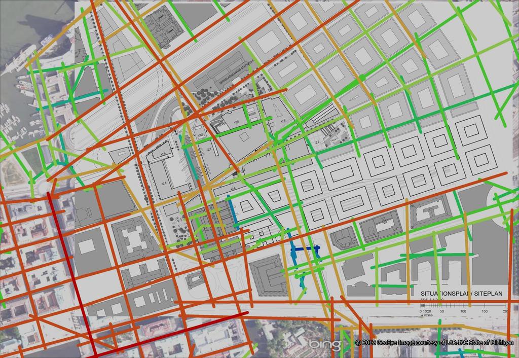 Bangårdsstråket kan stärkas av genare förlängning till Bergslagsgatan Taxistationen är via Bergslagsgatan och parkstråket västerut mycket välintegrerad i stadsväven och samtidigt överblickbar från de