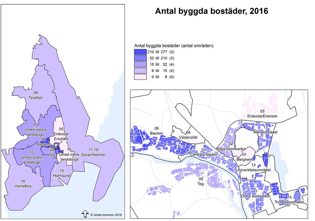 I kartan nedan visas det tydligt att det högsta bostadsbyggandet är Umeå tätort och de sydvästra kommundelarna från Umeå tätort.