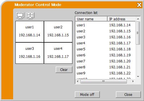 4.3 Moderatorkontrollfönster En dator kan anges som Moderator (värd) som kan styra alla andra datorer (klienter) anslutna till projektorn.