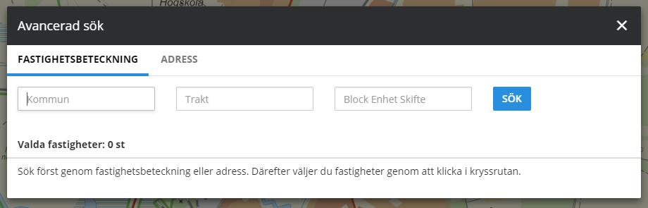 (Figur 2. Sökresultat.) AVANCERAD SÖKNING Avancerad sökning finns som alternativ om du inte har fullständig information eller om du önskar en längre lista över fastighetsförslag.