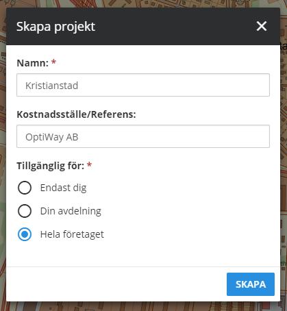 Här får du möjligheten att döpa ditt projekt, lägga till en referens samt välja om projektet ska vara personligt, delas med din avdelning eller hela företaget. (Figur 6. Projekt.) (Figur 7.