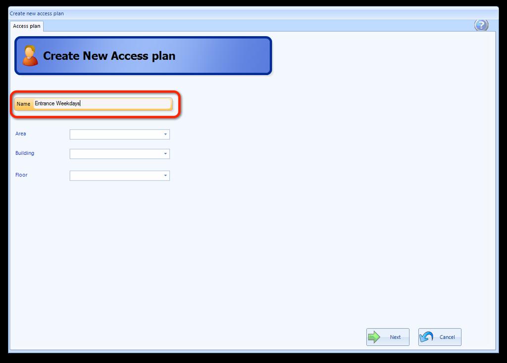 Ange önskat namn på den nya Tillträdesplanen. Det går även att ange område, byggnad och plan.