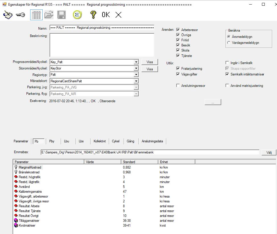 Användargränssnitt för Sampers regionala modellsteg (personbil) Utifrån vad som pekas ut enligt bild ovan kommer Samkalk att läsa dessa matrisplatser direkt i emmebasen. 5.1.2.