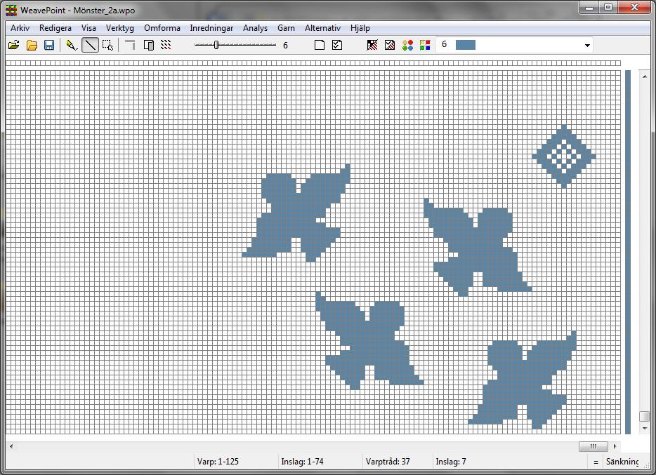 Mönster Visa Mönster Här visas endast ett rutsystem = bindemönstret, och varp- och inslagsfärger. Varpfärgerna ligger ovanför mönstret. Man kan rita fritt över hela ytan.