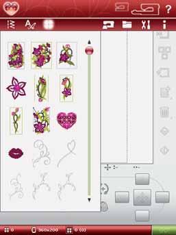 Broderimeny SET Menu File Manager EMBROIDERY ADVISOR BRODERIMENY (Endast aktiv i broderläget) VÄLJ ETT BRODERI Öppna broderimenyn genom att trycka på ikonen med blomman i det utökade verktygsfältet.