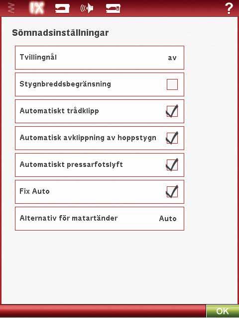 Automatisk avklippning av hoppstygn Maskinen har funktionen automatisk avklippning av hoppstygn. Tack vare den sparar du tid och behöver inte klippa bort trådar när broderiet är färdigsytt.